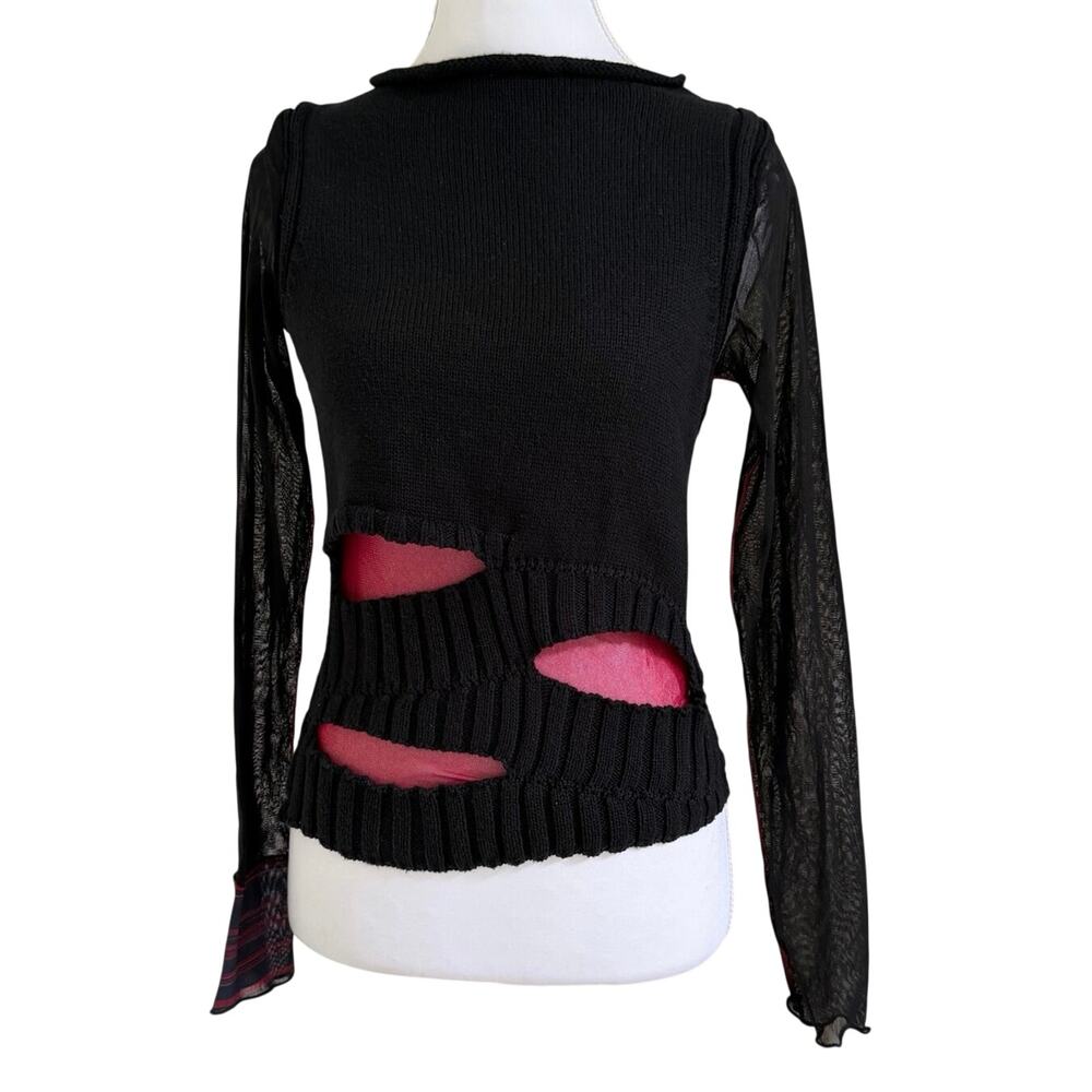 Vintage Cop.Copine Mesh Knit Cutout Top Made in France Black Red Size 1 XS S